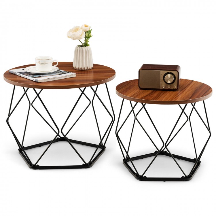 Set of 2 modern round coffee tables with rustic brown tops and pentagonal steel bases, ideal for versatile home use.